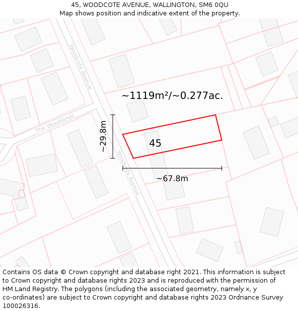 45, WOODCOTE AVENUE, WALLINGTON, SM6 0QU: Plot and title map