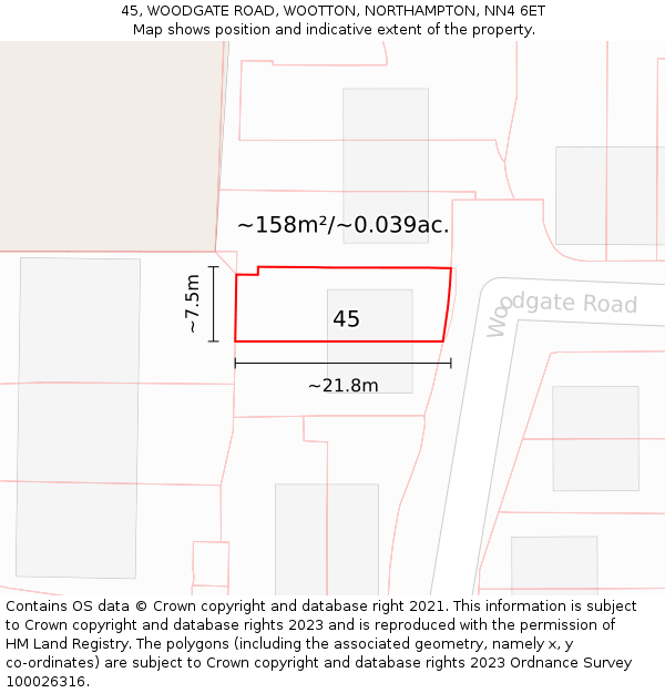 45, WOODGATE ROAD, WOOTTON, NORTHAMPTON, NN4 6ET: Plot and title map