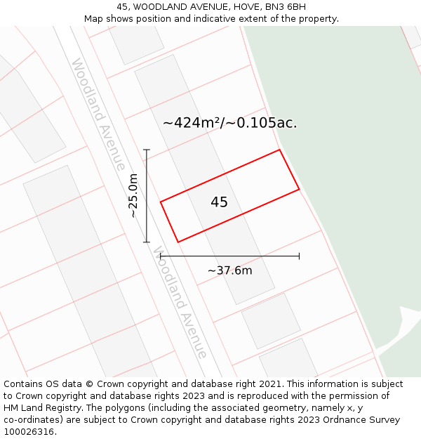 45, WOODLAND AVENUE, HOVE, BN3 6BH: Plot and title map