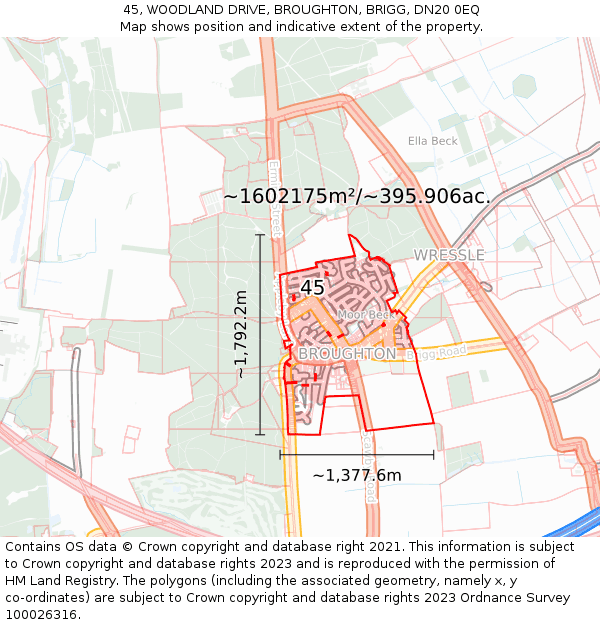 45, WOODLAND DRIVE, BROUGHTON, BRIGG, DN20 0EQ: Plot and title map