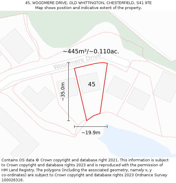 45, WOODMERE DRIVE, OLD WHITTINGTON, CHESTERFIELD, S41 9TE: Plot and title map