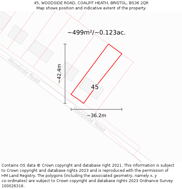 45, WOODSIDE ROAD, COALPIT HEATH, BRISTOL, BS36 2QR: Plot and title map