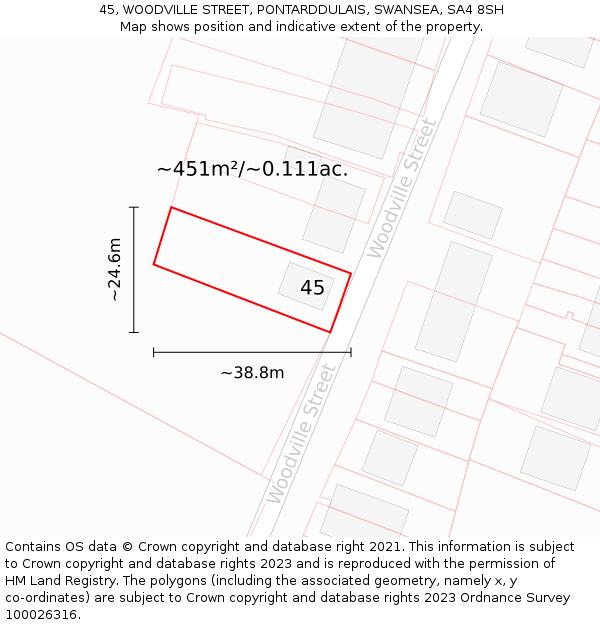 45, WOODVILLE STREET, PONTARDDULAIS, SWANSEA, SA4 8SH: Plot and title map