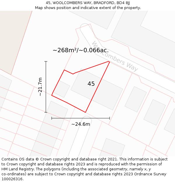 45, WOOLCOMBERS WAY, BRADFORD, BD4 8JJ: Plot and title map