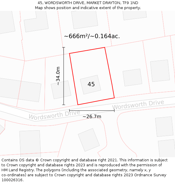 45, WORDSWORTH DRIVE, MARKET DRAYTON, TF9 1ND: Plot and title map