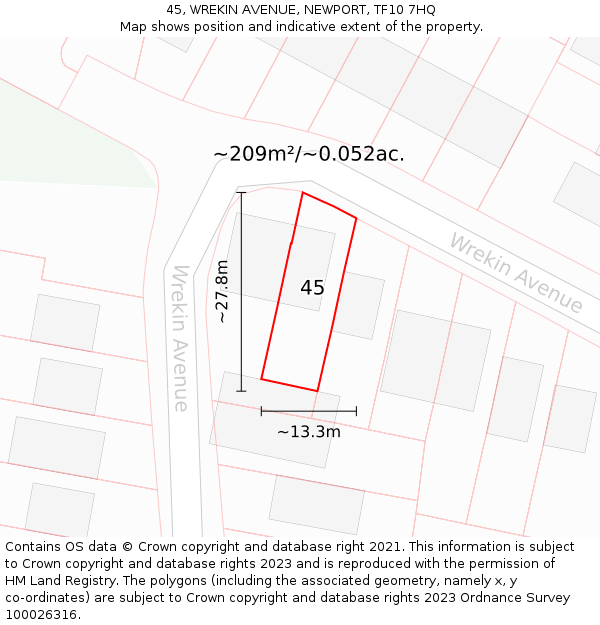 45, WREKIN AVENUE, NEWPORT, TF10 7HQ: Plot and title map