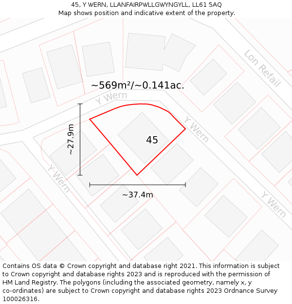 45, Y WERN, LLANFAIRPWLLGWYNGYLL, LL61 5AQ: Plot and title map