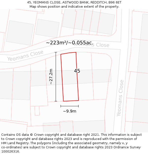 45, YEOMANS CLOSE, ASTWOOD BANK, REDDITCH, B96 6ET: Plot and title map