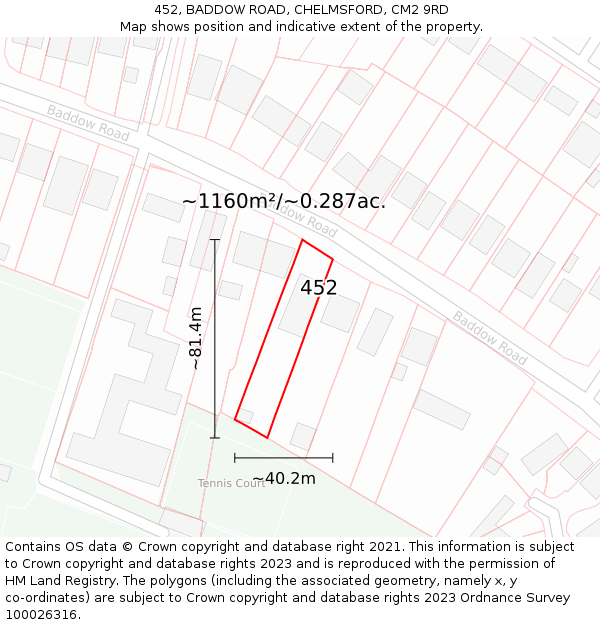 452, BADDOW ROAD, CHELMSFORD, CM2 9RD: Plot and title map