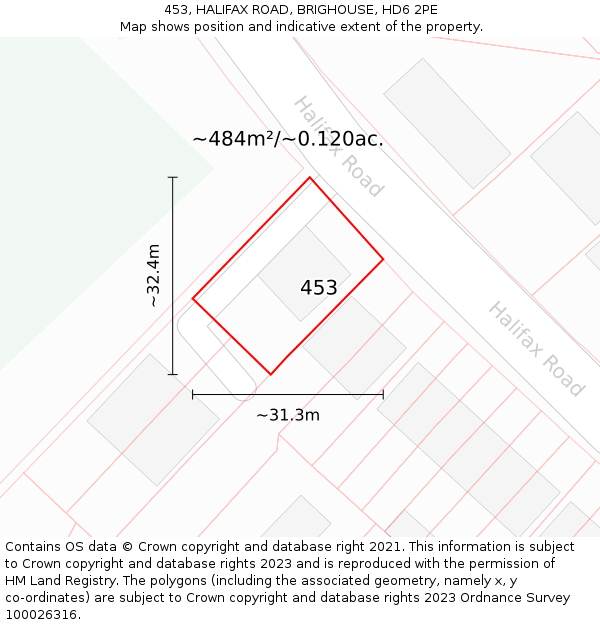 453, HALIFAX ROAD, BRIGHOUSE, HD6 2PE: Plot and title map