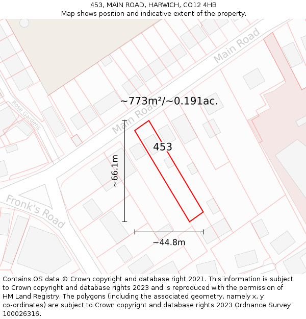 453, MAIN ROAD, HARWICH, CO12 4HB: Plot and title map