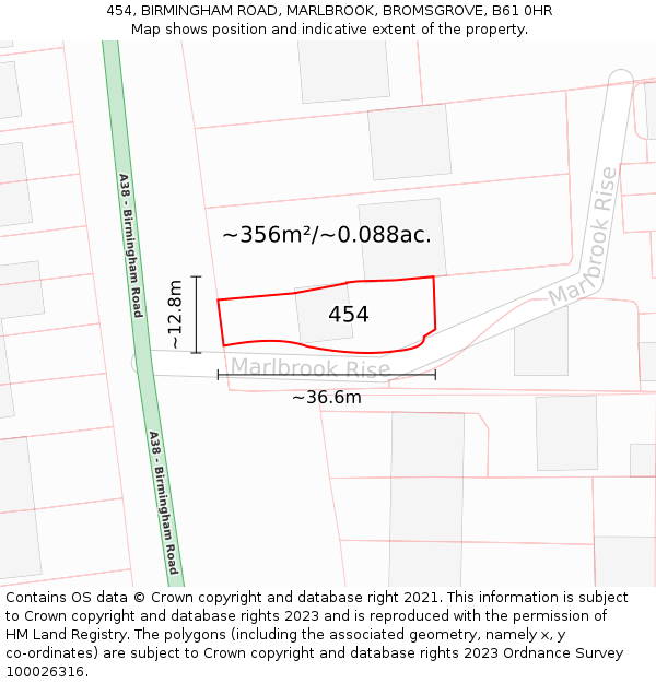 454, BIRMINGHAM ROAD, MARLBROOK, BROMSGROVE, B61 0HR: Plot and title map