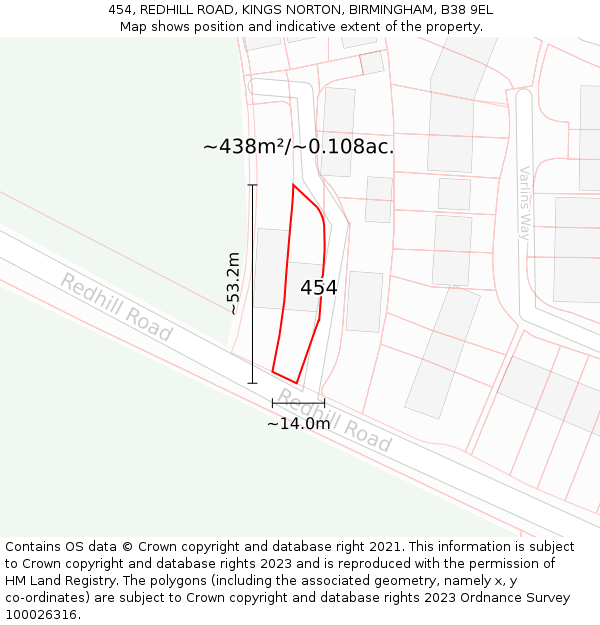 454, REDHILL ROAD, KINGS NORTON, BIRMINGHAM, B38 9EL: Plot and title map