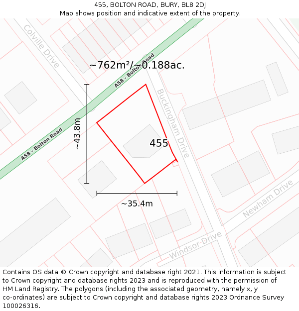 455, BOLTON ROAD, BURY, BL8 2DJ: Plot and title map