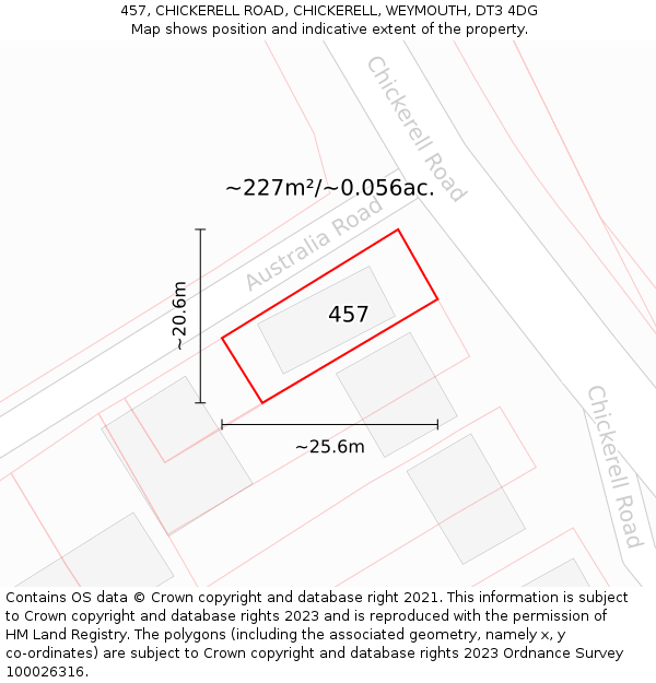 457, CHICKERELL ROAD, CHICKERELL, WEYMOUTH, DT3 4DG: Plot and title map