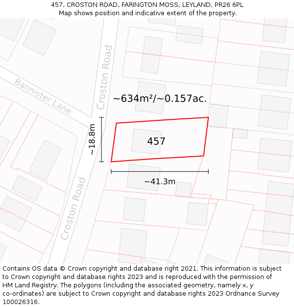 457, CROSTON ROAD, FARINGTON MOSS, LEYLAND, PR26 6PL: Plot and title map