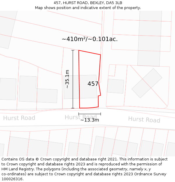 457, HURST ROAD, BEXLEY, DA5 3LB: Plot and title map