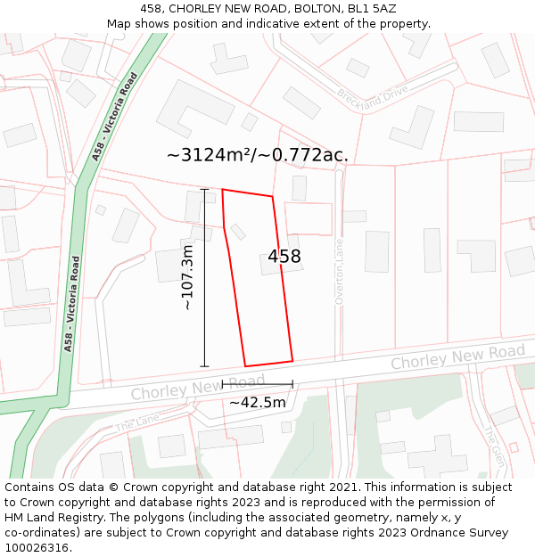 458, CHORLEY NEW ROAD, BOLTON, BL1 5AZ: Plot and title map