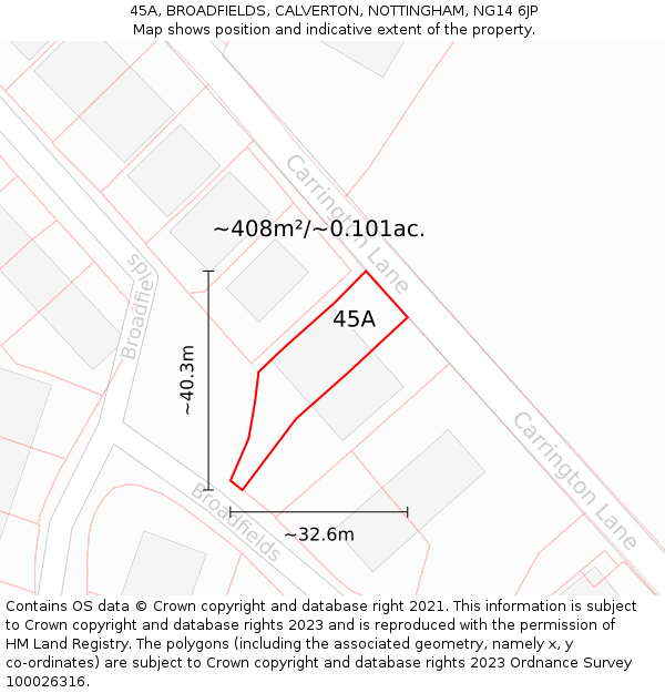 45A, BROADFIELDS, CALVERTON, NOTTINGHAM, NG14 6JP: Plot and title map