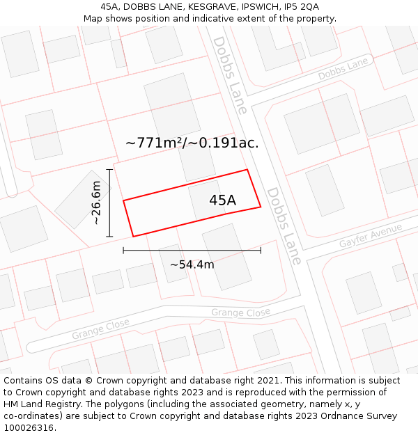 45A, DOBBS LANE, KESGRAVE, IPSWICH, IP5 2QA: Plot and title map