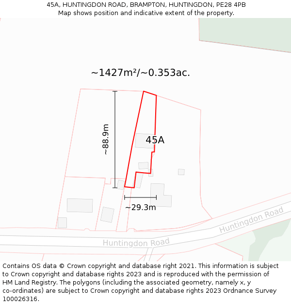 45A, HUNTINGDON ROAD, BRAMPTON, HUNTINGDON, PE28 4PB: Plot and title map