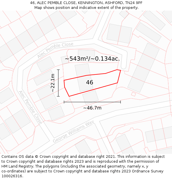 46, ALEC PEMBLE CLOSE, KENNINGTON, ASHFORD, TN24 9PF: Plot and title map