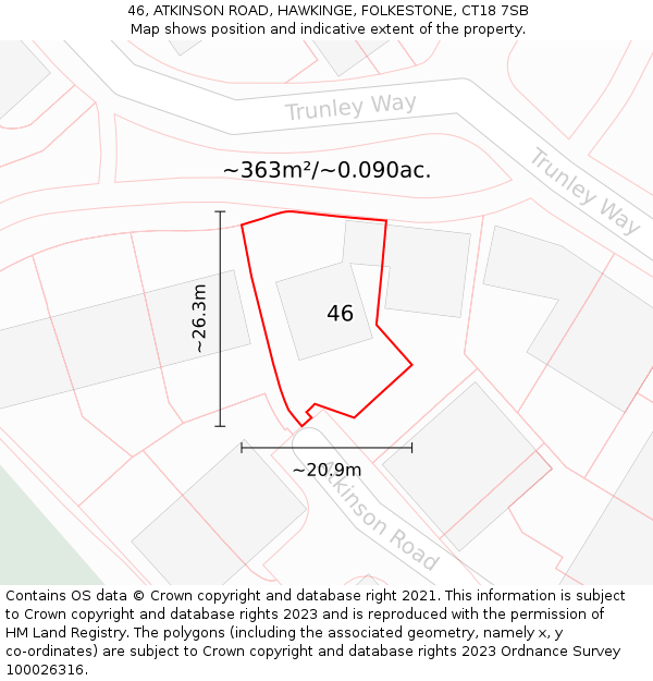 46, ATKINSON ROAD, HAWKINGE, FOLKESTONE, CT18 7SB: Plot and title map