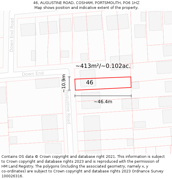 46, AUGUSTINE ROAD, COSHAM, PORTSMOUTH, PO6 1HZ: Plot and title map