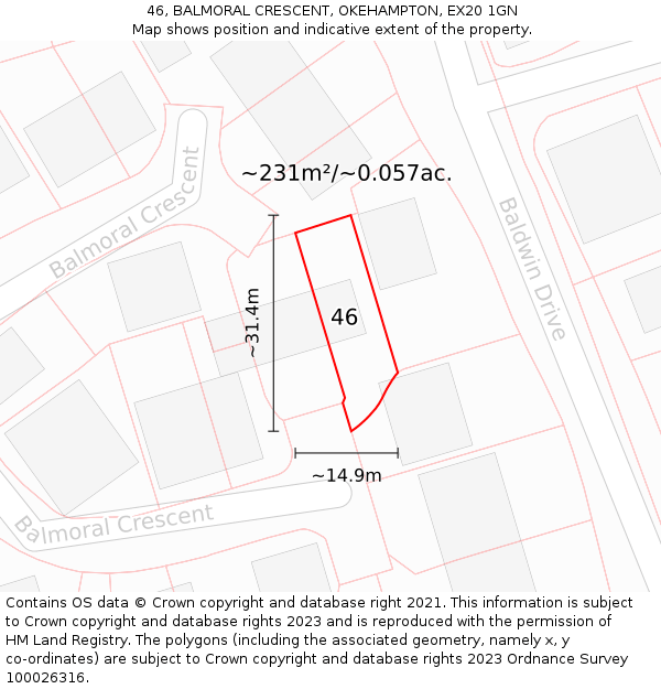 46, BALMORAL CRESCENT, OKEHAMPTON, EX20 1GN: Plot and title map