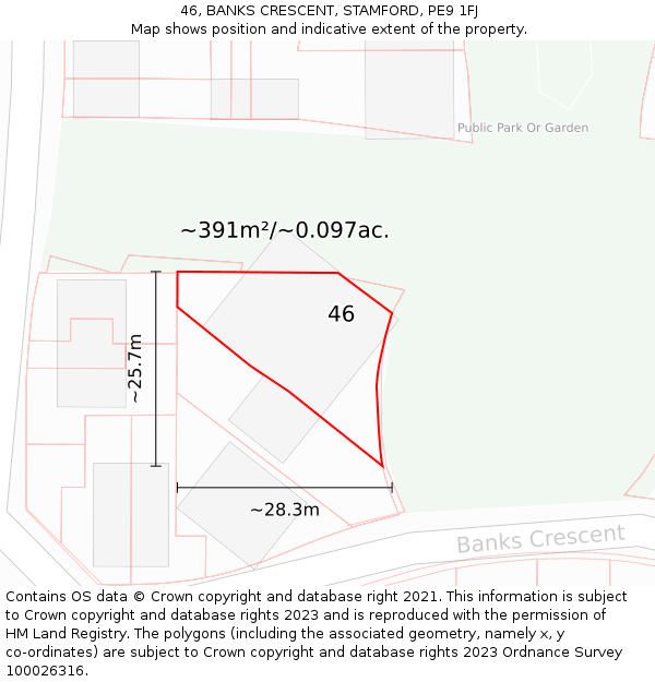 46, BANKS CRESCENT, STAMFORD, PE9 1FJ: Plot and title map