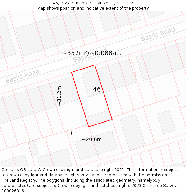 46, BASILS ROAD, STEVENAGE, SG1 3PX: Plot and title map