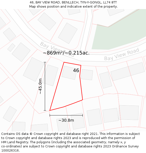 46, BAY VIEW ROAD, BENLLECH, TYN-Y-GONGL, LL74 8TT: Plot and title map