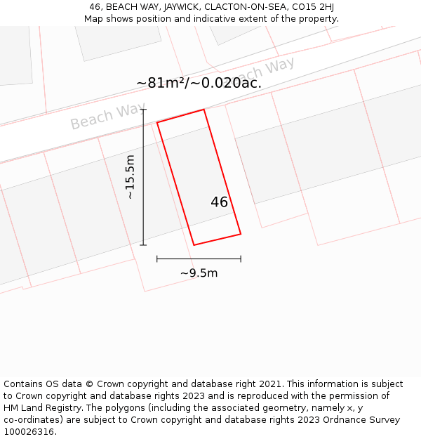 46, BEACH WAY, JAYWICK, CLACTON-ON-SEA, CO15 2HJ: Plot and title map