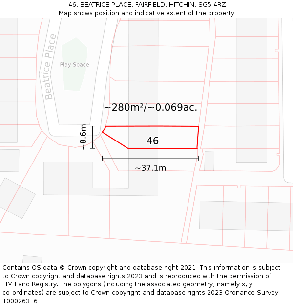 46, BEATRICE PLACE, FAIRFIELD, HITCHIN, SG5 4RZ: Plot and title map