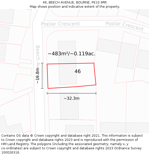 46, BEECH AVENUE, BOURNE, PE10 9RR: Plot and title map