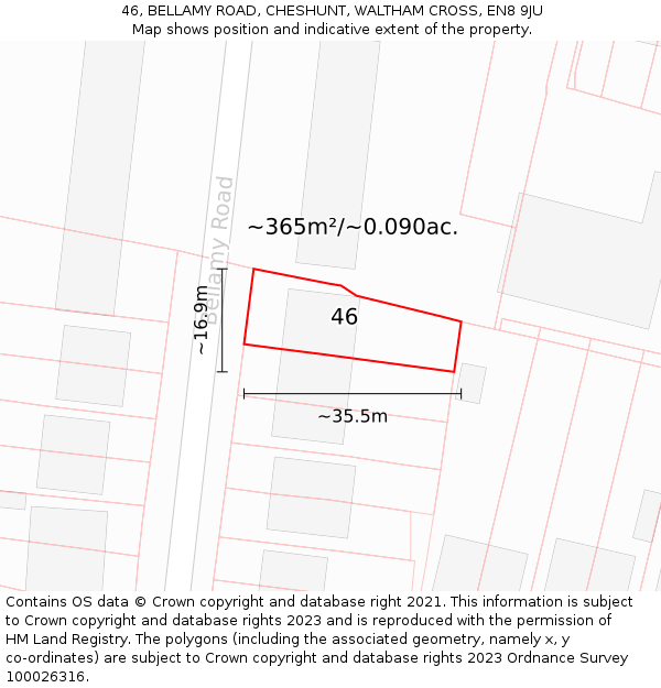46, BELLAMY ROAD, CHESHUNT, WALTHAM CROSS, EN8 9JU: Plot and title map