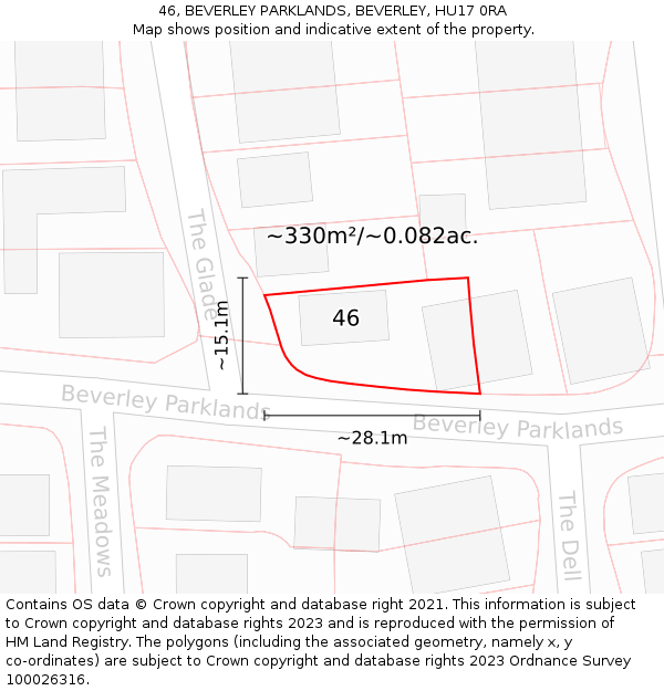 46, BEVERLEY PARKLANDS, BEVERLEY, HU17 0RA: Plot and title map