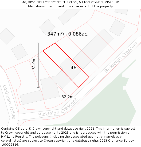 46, BICKLEIGH CRESCENT, FURZTON, MILTON KEYNES, MK4 1HW: Plot and title map