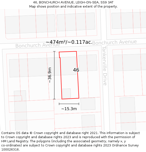 46, BONCHURCH AVENUE, LEIGH-ON-SEA, SS9 3AT: Plot and title map