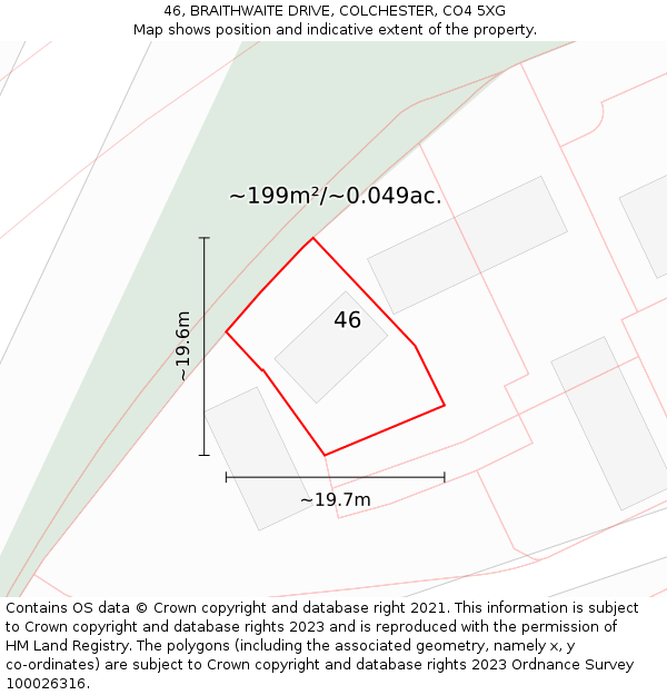 46, BRAITHWAITE DRIVE, COLCHESTER, CO4 5XG: Plot and title map