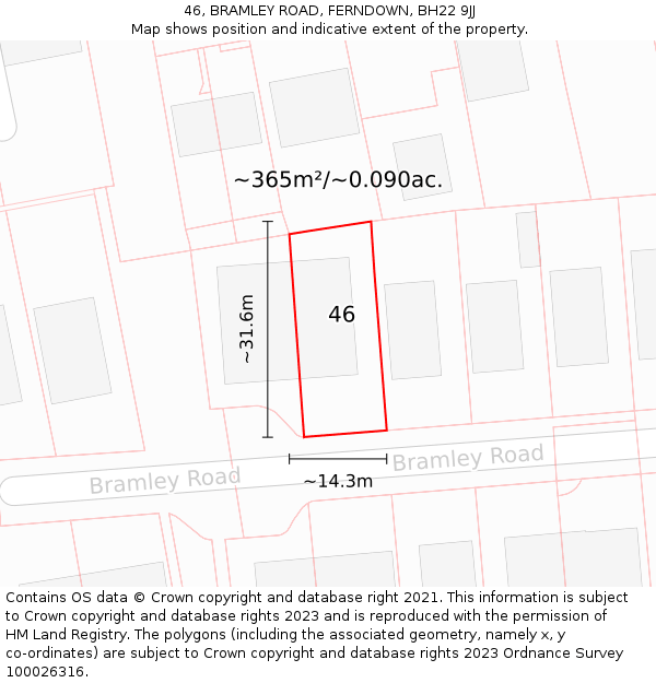 46, BRAMLEY ROAD, FERNDOWN, BH22 9JJ: Plot and title map