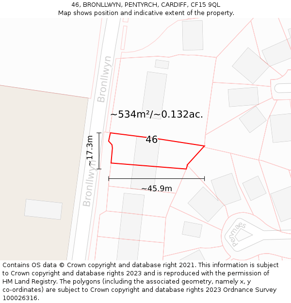 46, BRONLLWYN, PENTYRCH, CARDIFF, CF15 9QL: Plot and title map