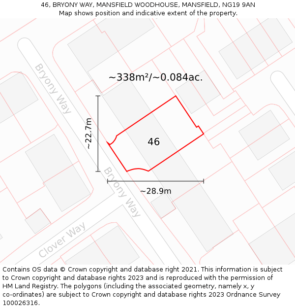 46, BRYONY WAY, MANSFIELD WOODHOUSE, MANSFIELD, NG19 9AN: Plot and title map