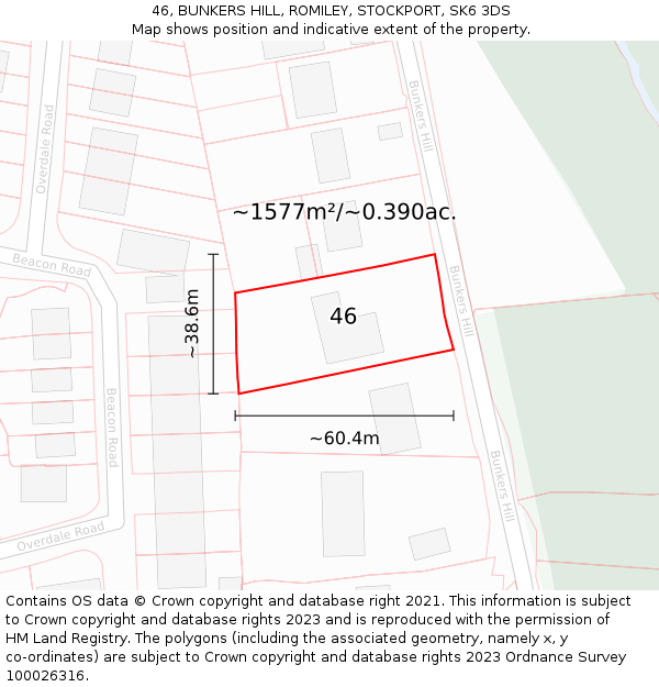46, BUNKERS HILL, ROMILEY, STOCKPORT, SK6 3DS: Plot and title map