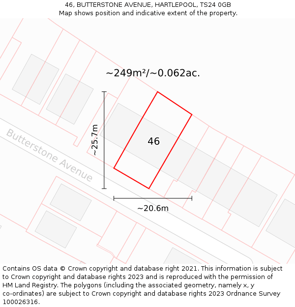 46, BUTTERSTONE AVENUE, HARTLEPOOL, TS24 0GB: Plot and title map