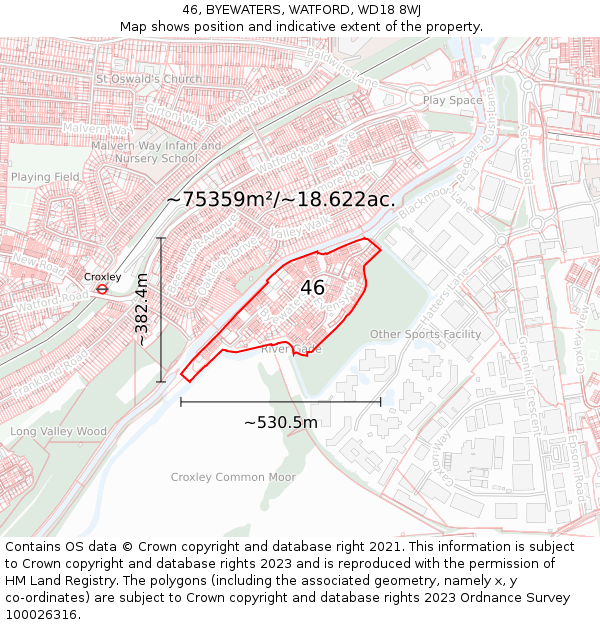 46, BYEWATERS, WATFORD, WD18 8WJ: Plot and title map