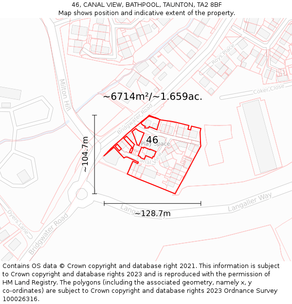 46, CANAL VIEW, BATHPOOL, TAUNTON, TA2 8BF: Plot and title map