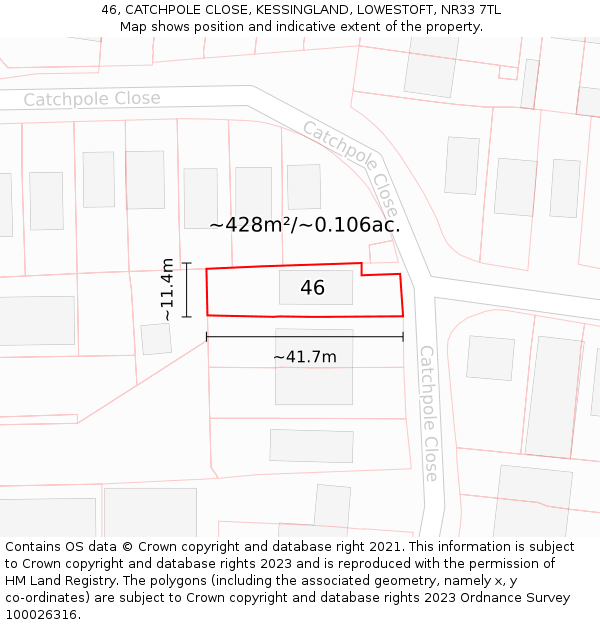 46, CATCHPOLE CLOSE, KESSINGLAND, LOWESTOFT, NR33 7TL: Plot and title map
