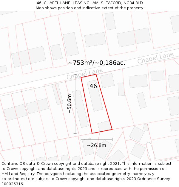 46, CHAPEL LANE, LEASINGHAM, SLEAFORD, NG34 8LD: Plot and title map