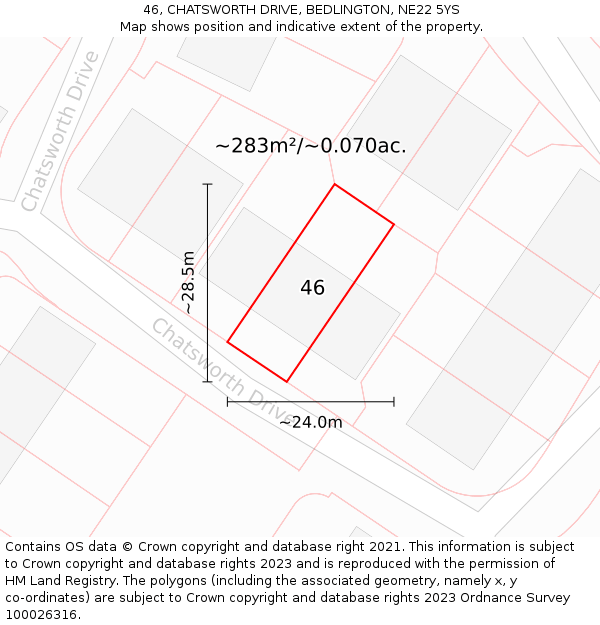 46, CHATSWORTH DRIVE, BEDLINGTON, NE22 5YS: Plot and title map